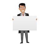 Man in the suit holding blank sign. White Board for business.