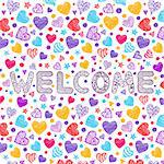 Handdrawn inscription welcome with colorful hearts on white background.Vector illustration.