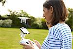 Woman Flying Drone Quadcopter In Garden