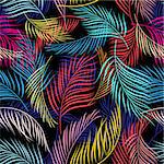 Bright multicolored pattern of leaves of palm trees on a dark background