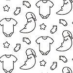 Newborn dreamy line icon vector monochrome pattern. Baby outline clothes and moon cute seamless background for fabric or website.