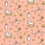 Baby cute toddler pink line icon vector pattern. Soft blush racks, rocking horse, stars and baby bottle seamless dotted background for fabric or website.