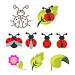 Ladybug clipart set with green leaves and outline bug with wings.