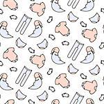 Infant line icon cute tender vector pattern. Soft pink romper suits, sleeping moon and baby socks seamless pastel blue background for fabric or website.