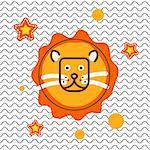 Cute lion head t-shirt vector print design. Tee design on wavy background for kid apparel.