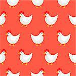 White rooster cute rural seamless vector pattern. Farm birds simple rustic red background texture.