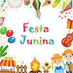 Festa Junina frame with space for text. Brazilian Latin American festival blank template for your design with traditional symbols. Vector illustration