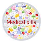 Tablet design of different colorful pills.Medicine painkiller pills, pharmaceutical antibiotics drugs vector. Set of color pills, illustration of antibiotic and vitamin pill. Cartoon style vector illustration