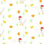 Cartoon rooster and chickens country seamless vector pattern. Farm birds simple rustic background texture with eggs, grass.