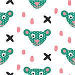 Cuet bear stylized green fun seamless pattern for kids and babies. Toy plush animal fabric design for textile and apparel in cartoon style.