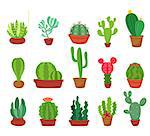 Cactus cartoon flat style collection. Succulent plants in flowerpots isolated on white background . Vector illustration.