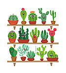 Big set of cute cartoon cactus and succulents with funny faces. Smile faces succulent plants in flowerpots on shelves. Character design cartoon style vector illustration