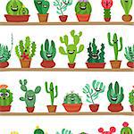 Seamless pattern of abstract cactuses in flower pot on shelves. Succulent plants seamless bacground. Cartoon flat style vector illustration