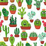 Seamless pattern with cute kawaii cactus with funny character faces on white background.Smile faces succulent plants in flowerpots. Cartoon style vector illustration