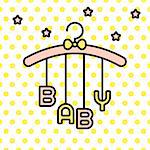 Baby word hanging on rack with bow vector. Cute infant mobile toy on polka dot yellow background.