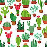 Colorful seamless pattern of funny cactus and succulent in flowerpots. Houseplant and wild cactus background. Cartoon style vector illustration