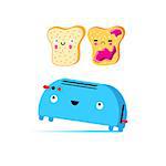Funny vector cartoon toast and toaster on a white background