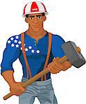 Cheerful construction worker holds hammer