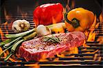 Beef steak with rosemary, red and yellow peppers, fresh garlic and spring onions on a flaming barbecue