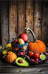 Fruit and vegetables on a wooden surface