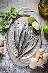 Raw sardines on a silver tray with ingredients