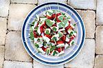 Tomato and mozzarella skewers with basil on a plate