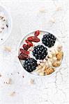 Yoghurt with goji berries, mulberries, blackberries and pine nuts