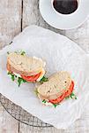 Ciabatta sandwiches with tuna fish, quark, rocket, tomatoes and egg