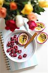 Chia pudding with fresh raspberries passion fruit