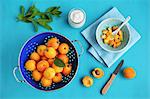Fresh apricots in a colander and sliced in a bowl