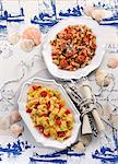 Fusilli with meat dumplings and aubergines, and pasta with potatoes and stock fish