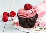 A chocolate cupcake with raspberry cream