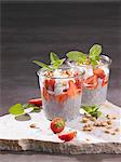 Chia seed puddings with strawberries, yoghurt, nuts and mint