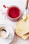 Breakfast with espresso, brioche and raspberry jam