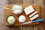 An arrangement of cheese with feta, buffalo mozzarella, cottage cheese and pecorino