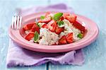 Quark with fresh strawberries, basil and cinnamon