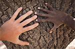 Burkina Faso, Hand of a child 10-year-old inhabitant of Burkina-Faso and hand of an European of 24 put on the trunk of a tree shea-tree