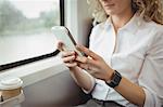 Mid-section of woman using mobile phone inside train compartment