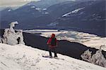 Rear view of skier skiing in snowy alps during winter