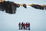 Group of skiers with skies standing on snowy landscape in ski resort