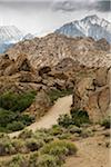 Dirt road through the Alabama Hills with the Sierra Nevada Mountians in the background in Eastern California, USA