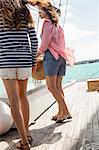 Two women standing on deck of sailing boat, looking at view, rear view