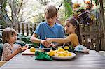 Boy and two young sisters preparing lemon juice for lemonade at garden table