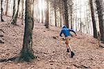 Rear view of male runner running up steep forest, Monte San Primo, Italy