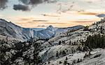 Elevated view of mountainous rock formations at sunset, Yosemite National Park, California, USA