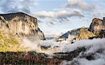 Elevated view of mist over valley forest, Yosemite National Park, California, USA