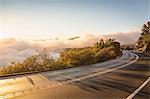 Highway and valley mist at sunrise, Yosemite National Park, California, USA