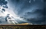 Crepuscular rays through clouds around supercell thunderstorm, as it produces a large tornado just outside of Dodge City, Kansas, on May 24, 2016