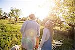 Rear view of young couple walking dog in sunlit rural field, Majorca, Spain