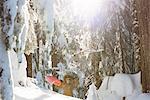 Woman with snowboard walking on snowy mountain